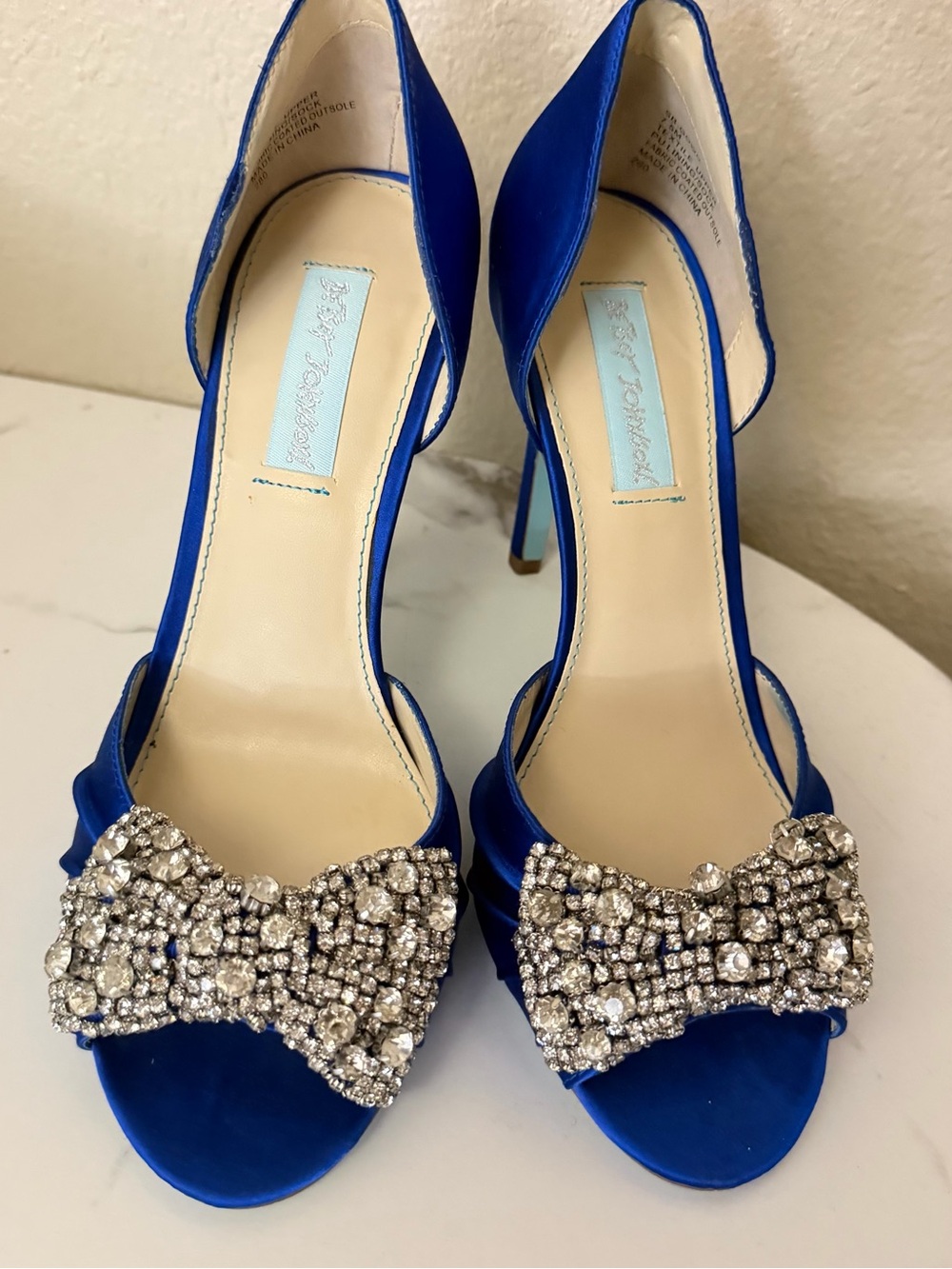 Betsey Johnson Royal Blue Satin Crystal Bow D'Orsay Heels